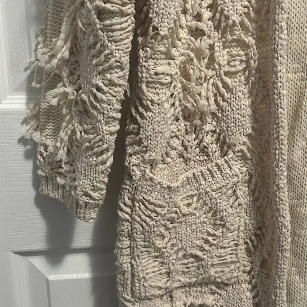 Anthro RAGA fisherman‎ fringe boho cream chunky cardigan Sz large
